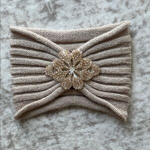 Beige Knit Headband with Sequin Flower